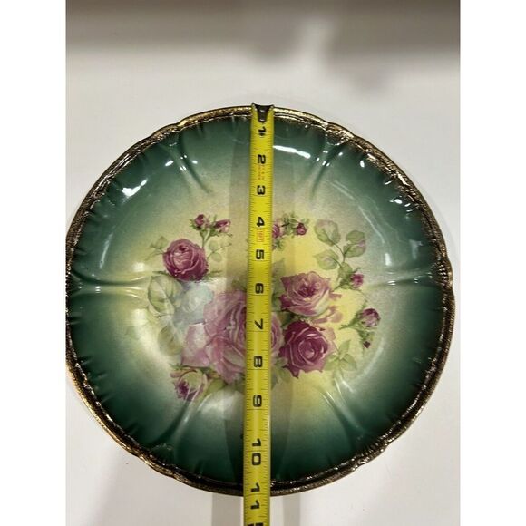 Franz Anton Mehlem Bonn Detailed Green Plate Pink Flowers antique Plate. - Picture 8 of 10